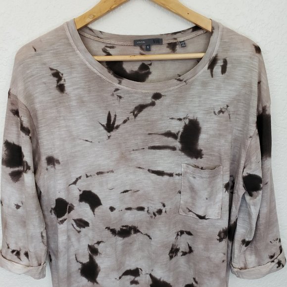 Vince Women's Crew Brown & Tan Tie Dye Splatter Pocket Folded Oversize Shirt S - Picture 2 of 16